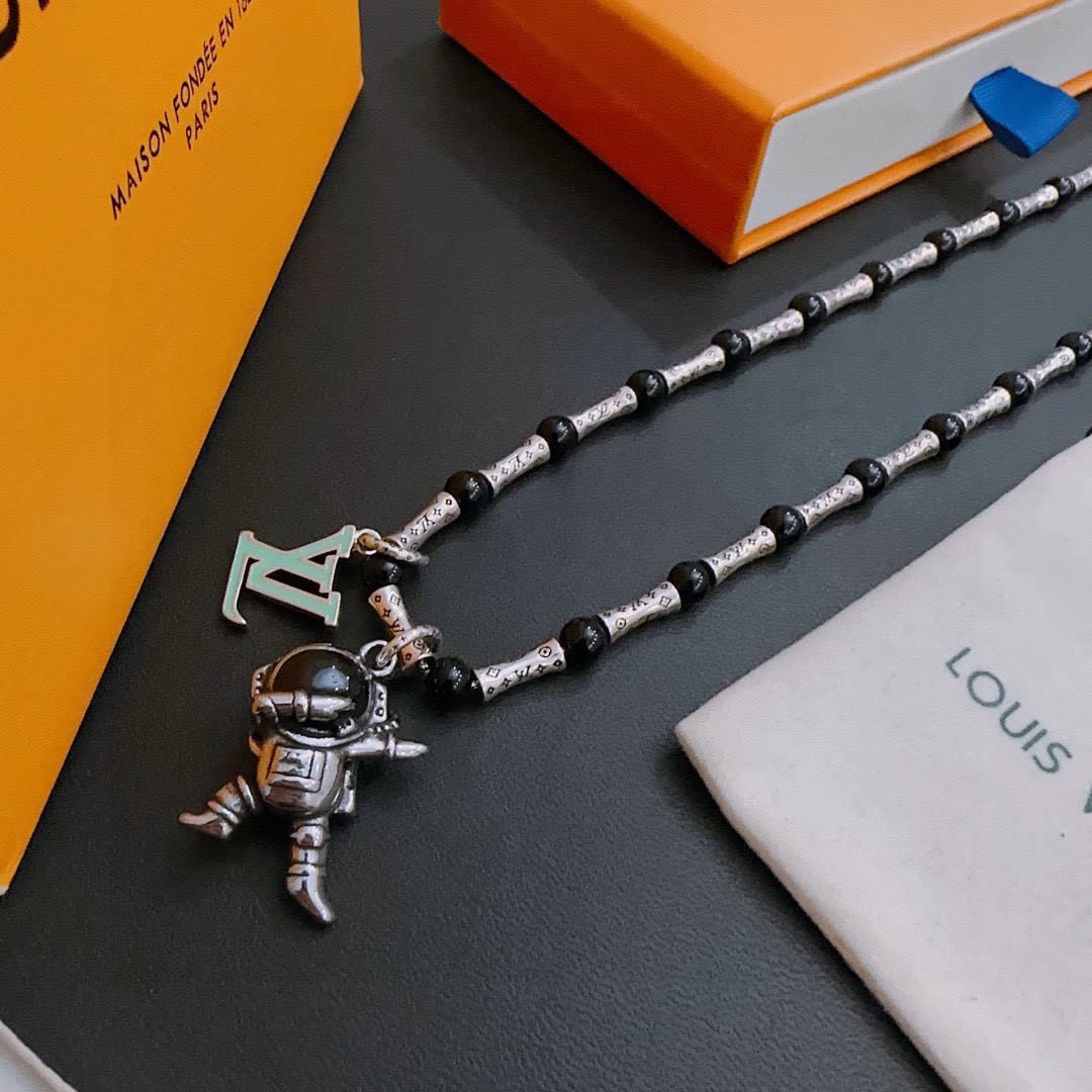 Louis Vuitton Silver and Black Beaded Necklace with Astronaut Charm